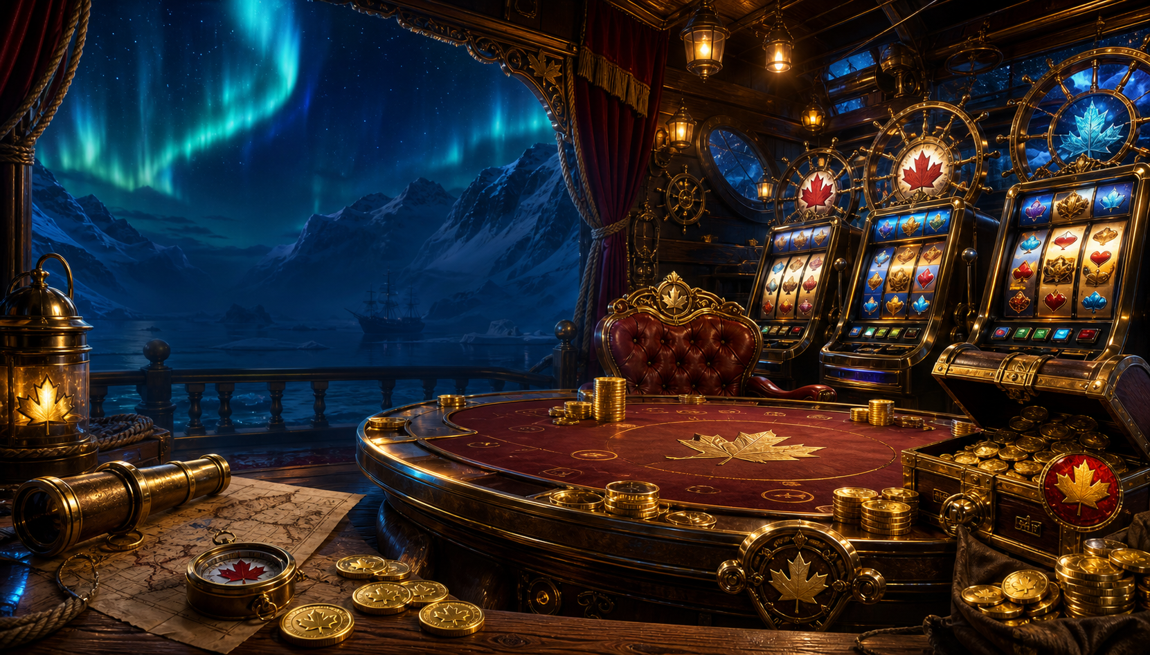 A pirate casino cabin under northern lights with free-play slot machines and treasure props.