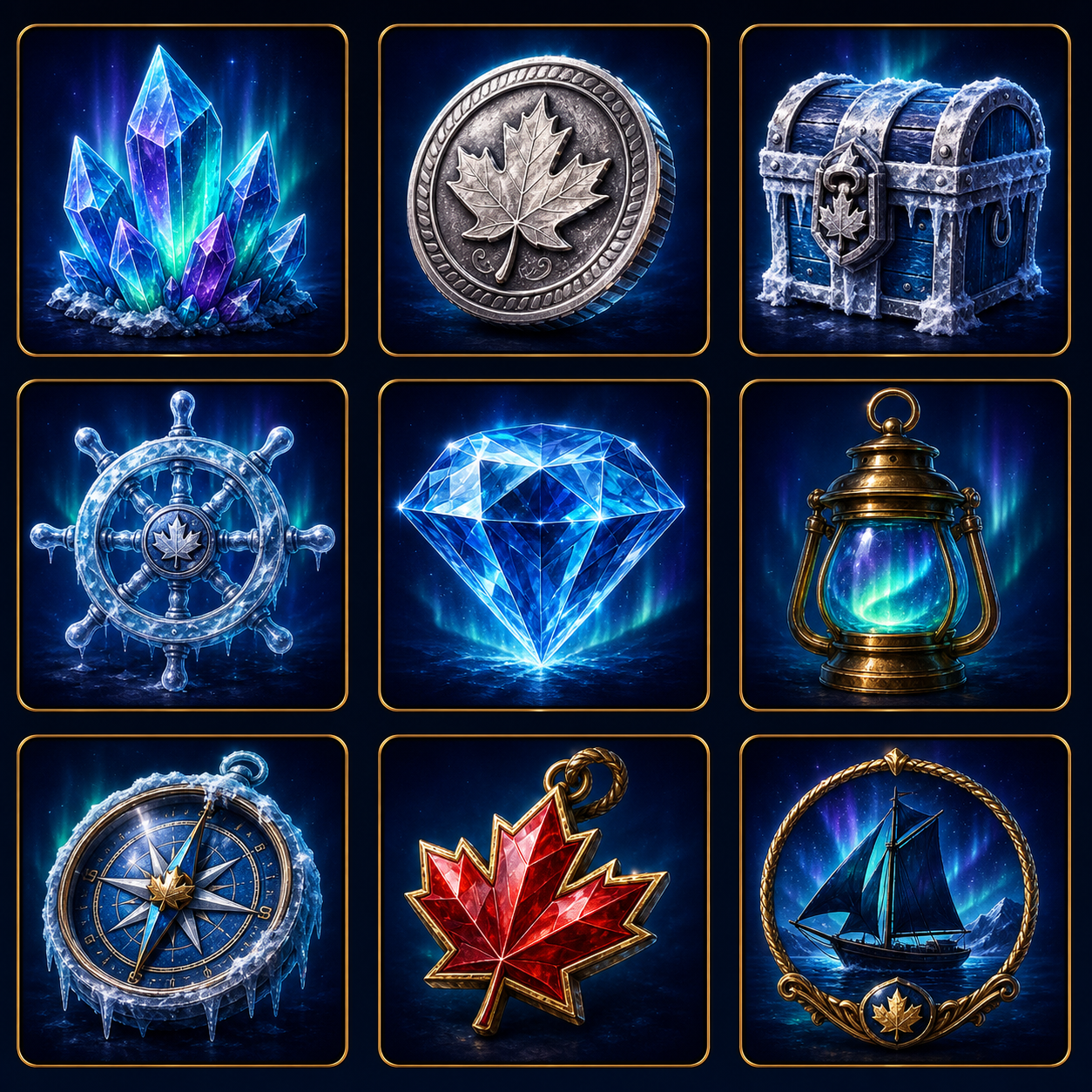 Aurora Doubloons slot symbols with ice crystals, maple coin, frosted treasure, diamond, lantern, and ship emblem.