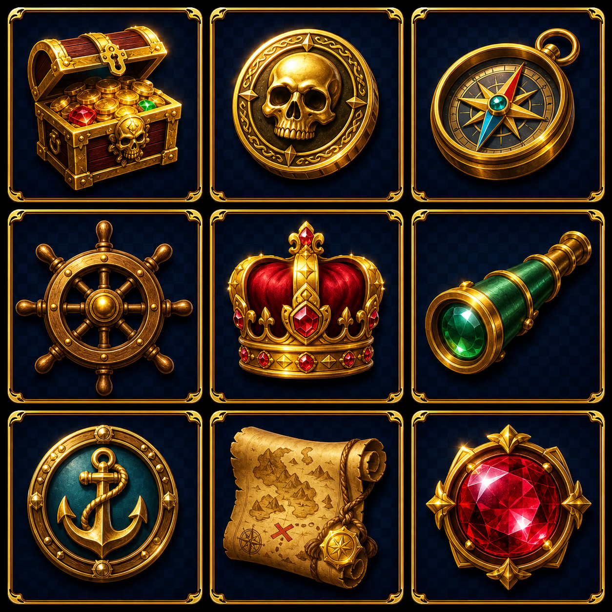 Captain's Cache slot symbols showing treasure, compass, wheel, crown, anchor, map, and gem.